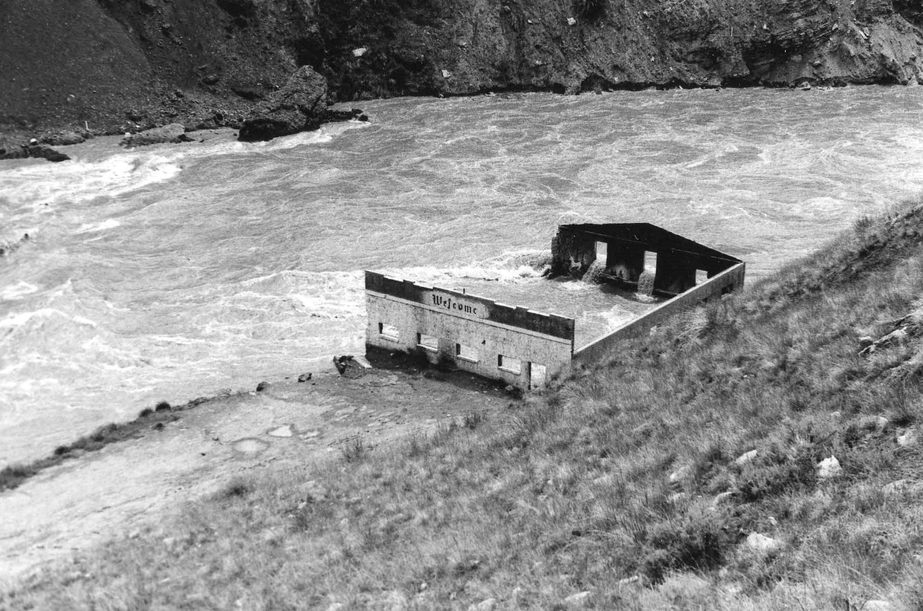 Photo 7 Spring floods gradually destroyed the walls of the DeMaris Hot Springs bathhouse. Photo courtesy of Park County Archives.