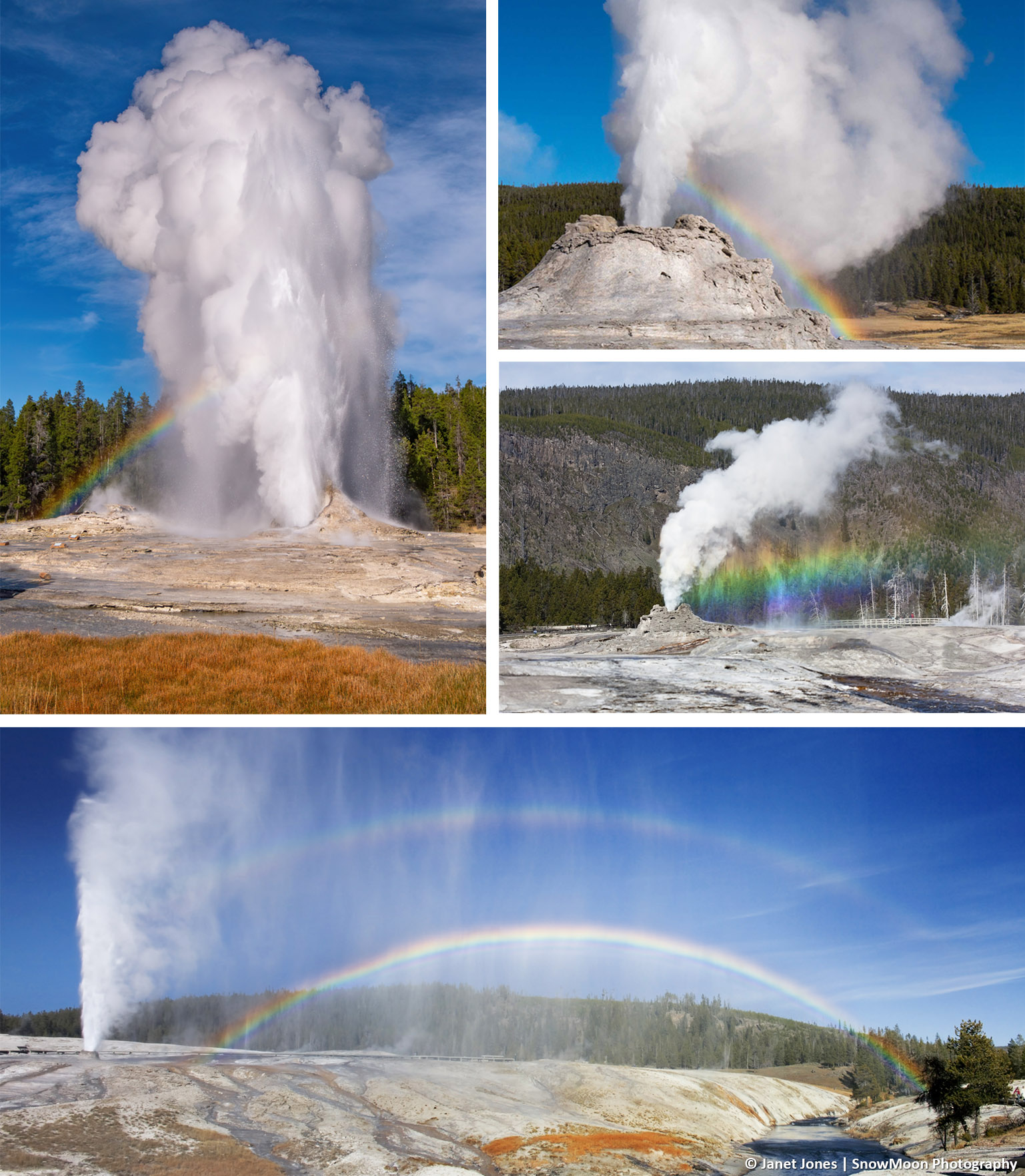 Photo collage of geysers with rainbows showing in the spray.