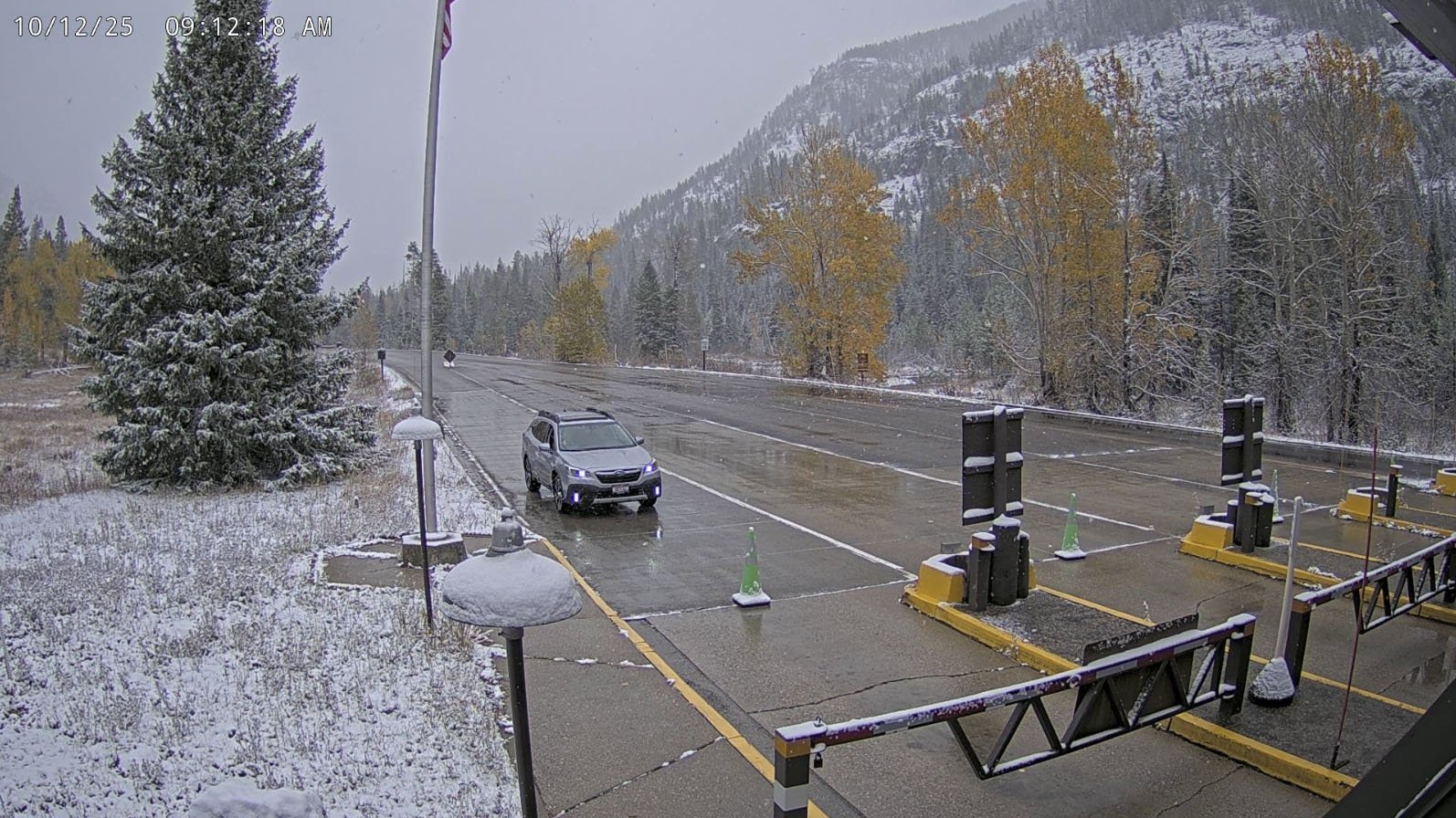 A snowy October day at the East Gate in Yellowstone when the gates are closed
