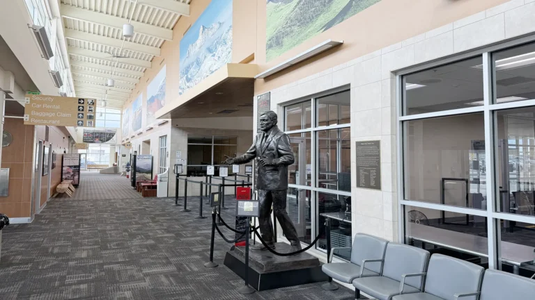 The statue of Senator Hank Coe at Yellowstone Regional Airport in Cody, WY