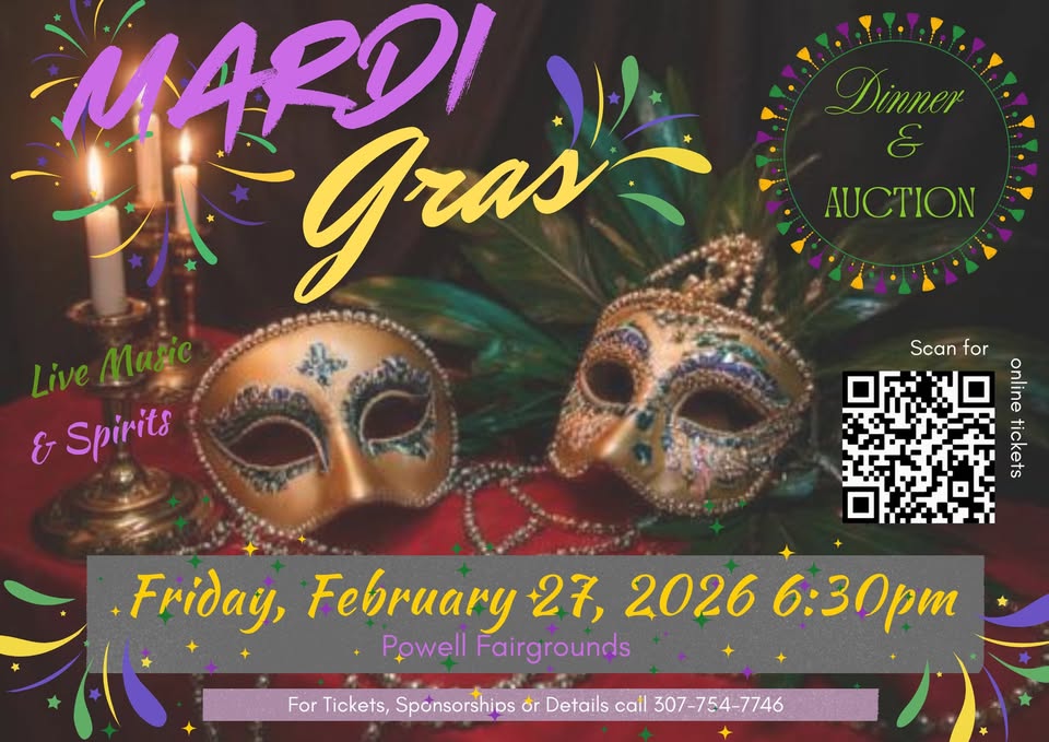 Mardi Gras 2026 fundraiser flyer for the Powell Medical Foundation
