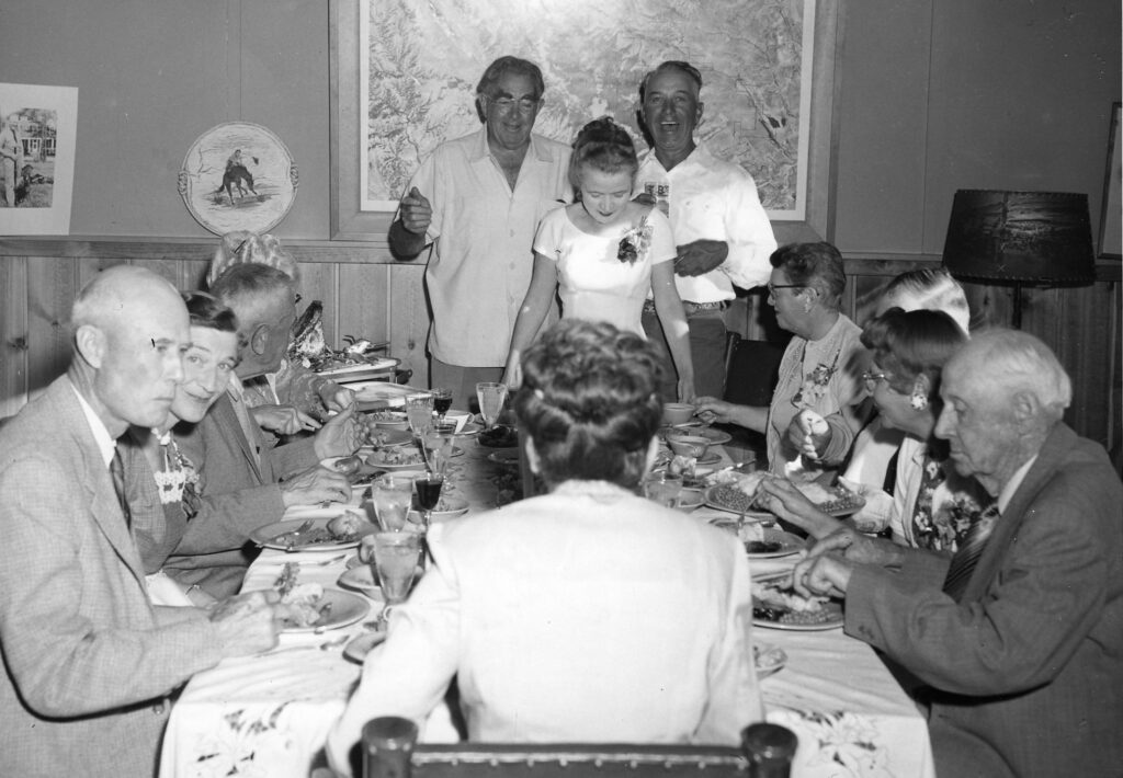 Paul Stock dinner party guests: Including Ed Heald, Gladys Way, William Sanzenbacher, Mrs. Ed Heald, Paul and Eloise Stock, Frosty Fogg, Scotty Edmonds, Dorothy Fogg, A.C. Newton, Dorthea Sanzenbacher