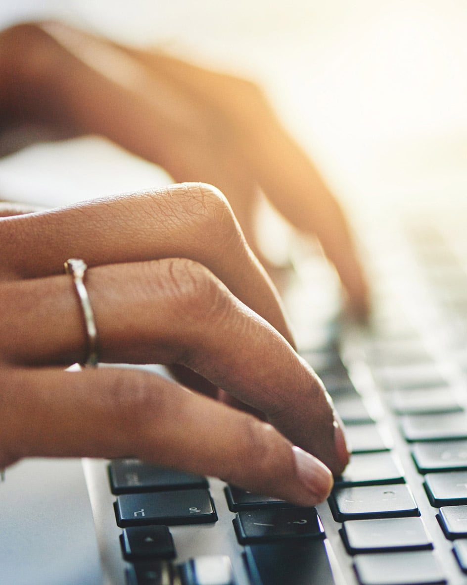 Hands, laptop and typing in office at table for crypto, trading
