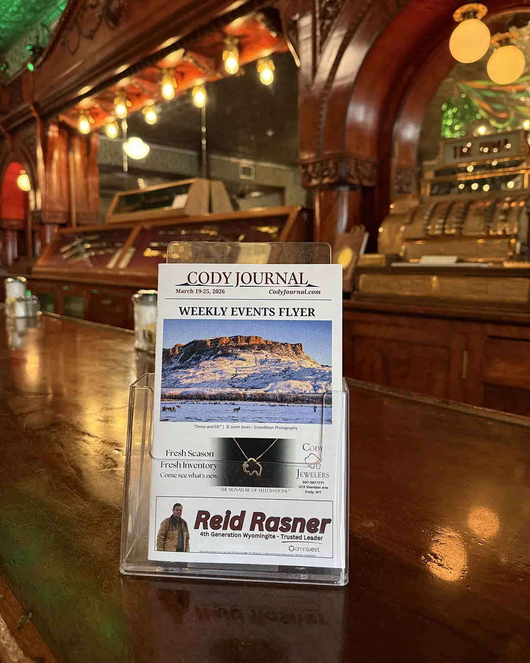 Cody Journal events flyer at the Rosewood Bar in the Irma Hotel.